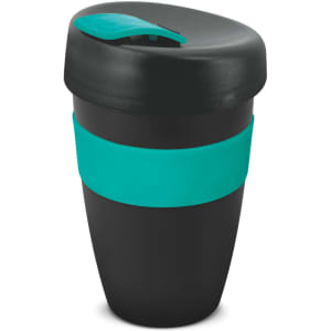 A drink bottle featuring a black body with a teal silicone band and lid. It has a logo on the surface.
