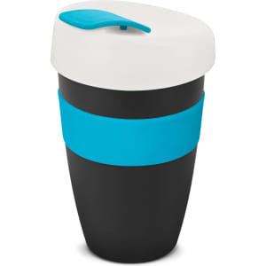 A drink bottle featuring a black body with a blue band and a white lid, equipped with a spill-proof cap.