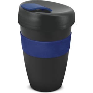 A drink bottle with a black body, blue silicone grip, and a matching blue lid. It has a logo on the side.