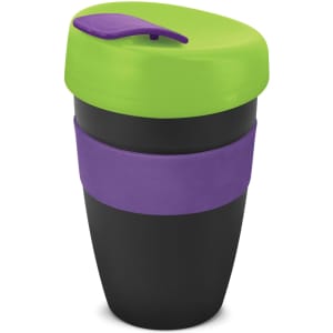 A drink bottle with a black body, green lid, and purple band, featuring a logo on the front.