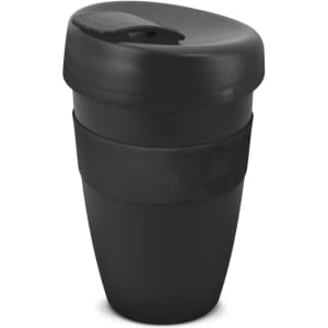A drink bottle in black with a fitted lid and a textured grip. It features a logo on the side.