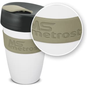 A drink bottle with a white body, a black lid, and a green silicone grip featuring branding. Holds 480ml.