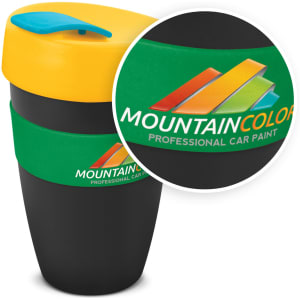 A drink bottle featuring a yellow lid, green band, and black body, with a logo on its surface.