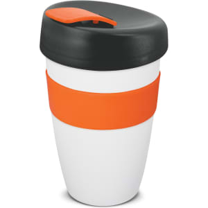 A drink bottle featuring a white body, orange silicone band, and a black lid. It has a logo on the front.