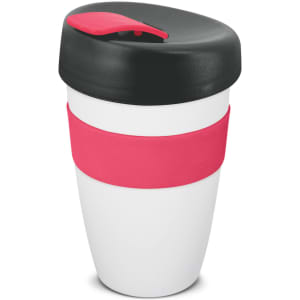 A drink bottle featuring a black lid, white body, and a pink silicone band. It has a logo on it.