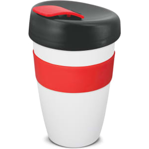 A drink bottle featuring a white body, red band, and a black lid. The design includes a logo.