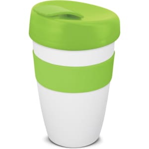 A drink bottle with a white body and bright green lid and sleeve, featuring a logo. Holds 480ml.