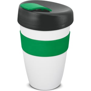 A drink bottle with a white body, green band, and a black lid. It features a logo on the side.