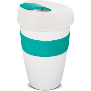 A drink bottle with a white body, turquoise band, and lid. Features a logo on the side. Holds 480ml.