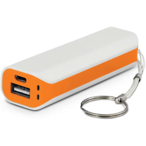 A power bank in white and orange with a keychain attachment and USB port. It has a sleek, compact design.