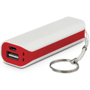A red and white power bank with a keychain attachment and dual USB ports. It features a simple, sleek design.