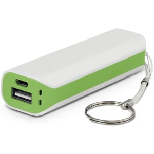 A power bank with a white body and green accents, featuring a USB port and keyring attachment.