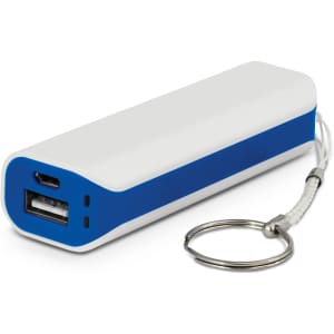 A power bank featuring a white body with blue accents, equipped with USB ports and a keychain attachment.