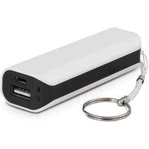 A white and black power bank with a keyring attachment and multiple USB ports. It has a sleek, rectangular design.