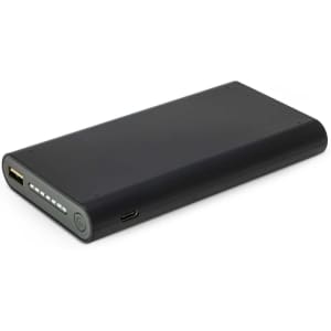 A black wireless power bank featuring USB and USB-C ports, with indicator lights on one side.