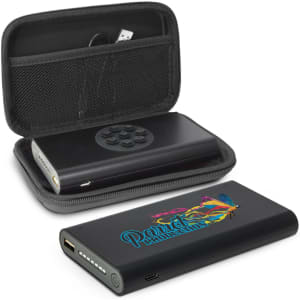 A black wireless power bank is displayed inside a zippered case with a mesh pocket and a circular button panel.