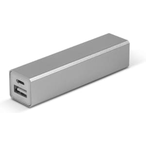 A silver power bank with two USB ports, featuring a sleek rectangular design and a minimalist appearance.
