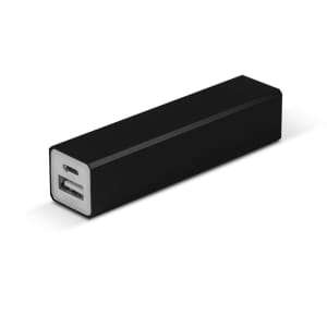A rectangular black power bank with two USB ports on one end, featuring a sleek, minimalist design.