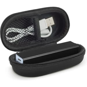 A black power bank with a light blue end, enclosed in a zippered case, accompanied by a charging cable.