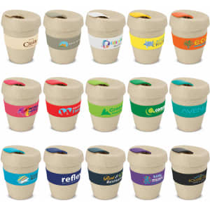 A drink bottle collection featuring various designs and colours, including natural beige and vibrant accents. Each has a logo.