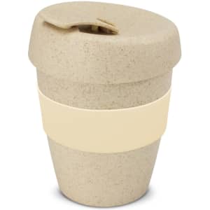 A drink bottle in a natural beige colour with a matching lid and a cream band. It has a logo on the side.