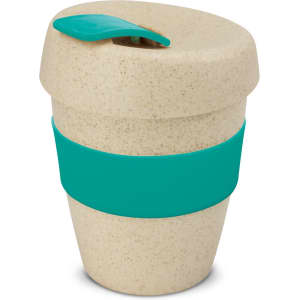 A drink bottle with a beige body and a teal band, featuring a lid with a small opening. It has a logo on it.