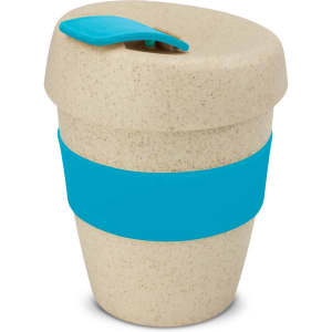 A drink bottle in a natural speckled finish with a blue silicone band and matching lid. Features a logo.