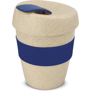 A drink bottle featuring a natural-coloured exterior with a navy blue band and lid.
