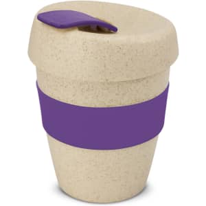 A drink bottle with a cream speckled body, a purple grip band, and a matching purple lid. It features a logo.