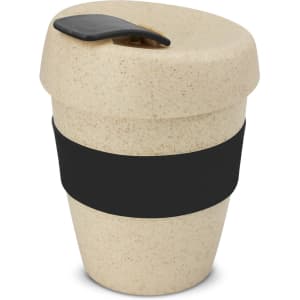 A drink bottle featuring a natural beige design with a black grip band and lid. It has a logo on the side.