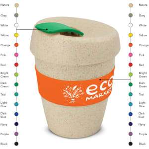 A drink bottle in natural colour with a green lid and an orange band featuring a logo.
