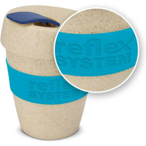 A drink bottle in natural colour with a blue lid and silicone band, featuring a logo and a textured surface.