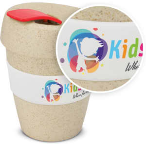 A drink bottle featuring a natural, beige design with a red lid and a vibrant logo. It has a white band.