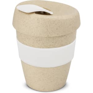 A drink bottle in a natural beige colour with a white band and lid, featuring a logo.