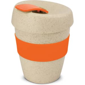 A drink bottle in a beige finish with an orange silicone band and a matching lid, featuring a logo.