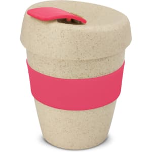 A drink bottle shaped like a cup, in a natural colour with a pink silicone band and lid. It has a logo.