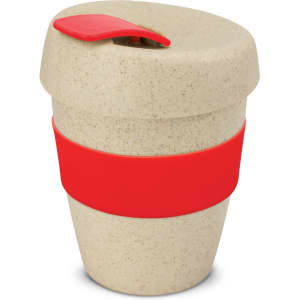 A drink bottle in a natural beige colour with a red silicone grip and lid. It has a logo on the side.