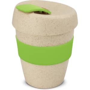 A drink bottle with a natural beige finish, green silicone band, and matching lid, featuring a logo.