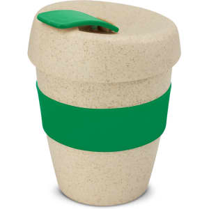 A drink bottle in a natural beige colour with a green band and lid, featuring a logo.