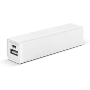 A white rectangular power bank featuring USB and USB-C ports, designed for charging devices on the go.