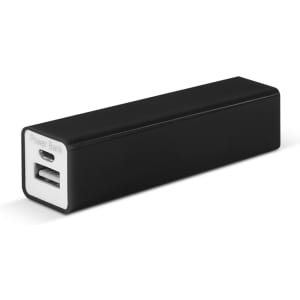A rectangular black power bank featuring a USB port and a Type-C connector, with branding on one side.