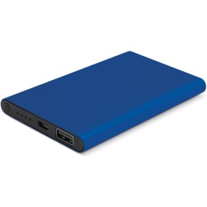 A blue power bank featuring a USB port, charging input, and an indicator light, with a smooth exterior and branding.