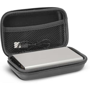 A silver power bank inside a black zippered case, accompanied by a USB cable in the mesh pocket.