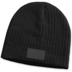 A black cable knit beanie with a patch, featuring a textured design.