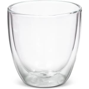 A double wall glass with a clear finish, featuring a rounded design. Includes a logo on the surface.
