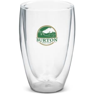 A double wall glass with a transparent design, featuring a logo in green and gold. Ideal for beverages.