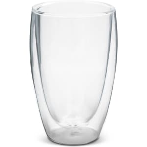 A double wall glass in clear glass, featuring a sleek, modern design, ideal for beverages.