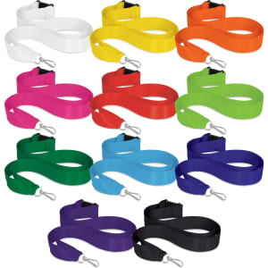 Multiple ribbon lanyards in various colours: white, pink, orange, green, blue, purple, and black, with clips for attachment.