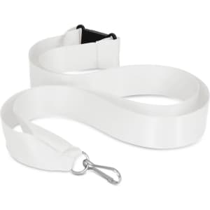 A white ribbon lanyard with a plastic clip and a hook for attachment.