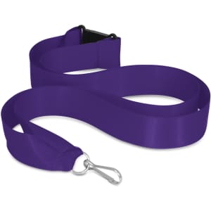 A purple ribbon lanyard with a clip attachment and a plastic buckle. It has a smooth, satin-like finish.